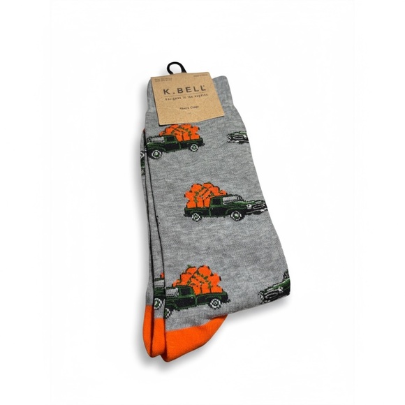 New Mens Socks TRUCK WITH PUMPKINS Novelty Crew Socks by K.Bell Size Size 10-13 - Picture 1 of 8